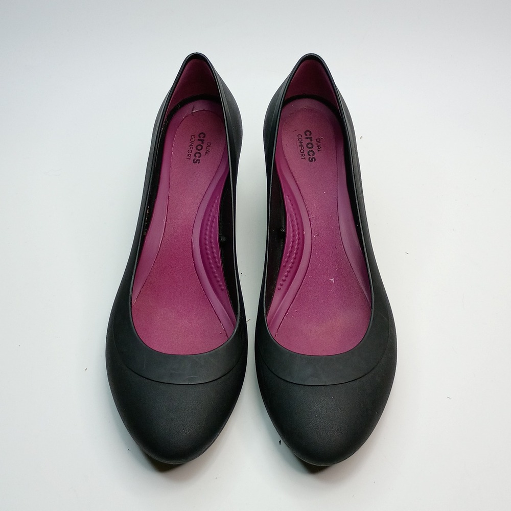 Crocs Lina Wedge Pumps Womens 10 Black Dual Comfort Round Toe Shoes J4 - Picture 2 of 9